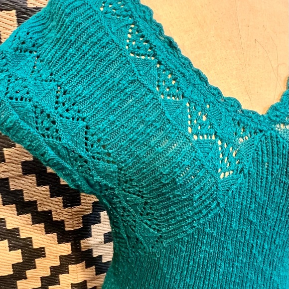 Jade teal open crochet knit sweater form fitted short sleeve tunic long length‎ - Picture 7 of 17
